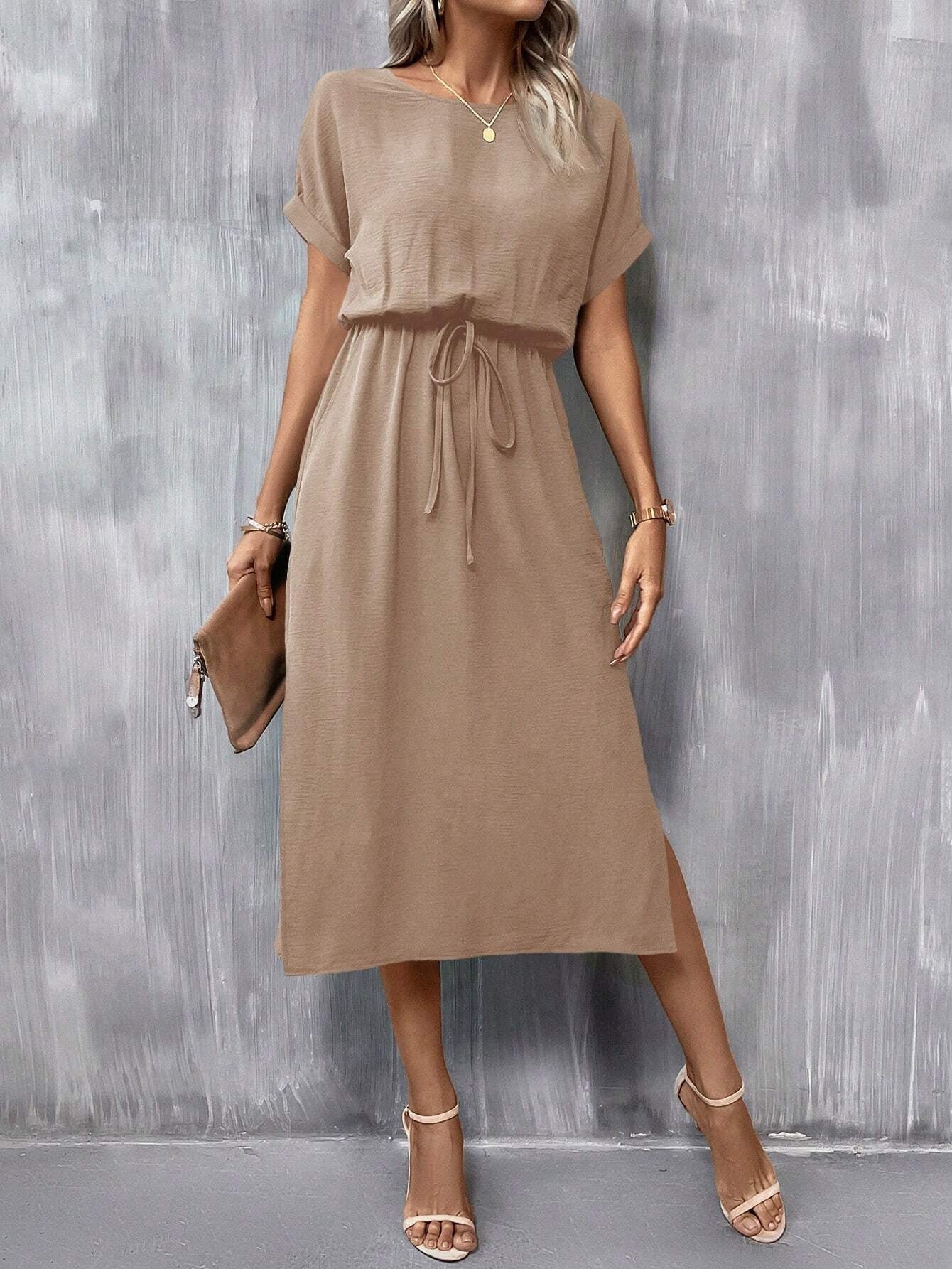 Classy Batwing Sleeve Dress with Knot Front and Thigh-High Split Design