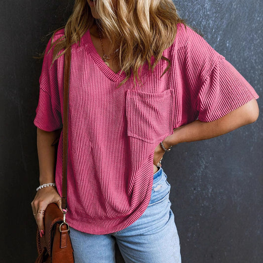 Two-Tone Pocket Short Sleeve V-Neck Top – Stylish and Casual