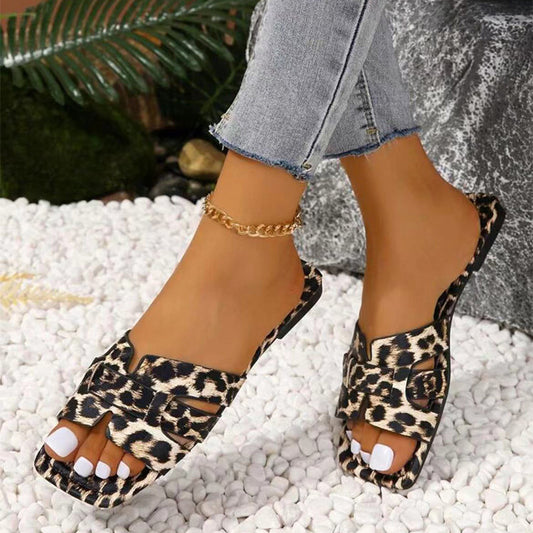 Summer New Plus Size Leopard Print Square Toe Women's Slipper Simple Casual Suitable For Daily Wear PU Sandals