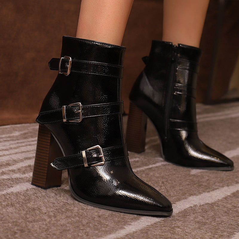 Belted High-Heel Martin Boots with Chunky Soles