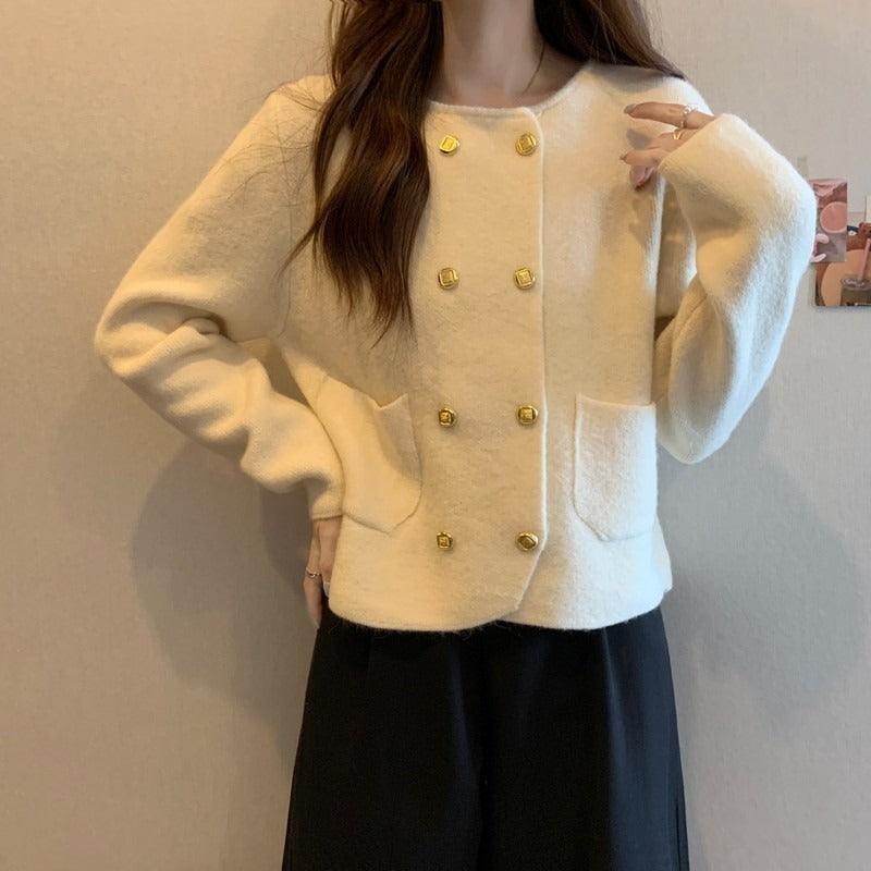 Solid Color Double-Breasted Round Neck Knitted Cardigan for Women