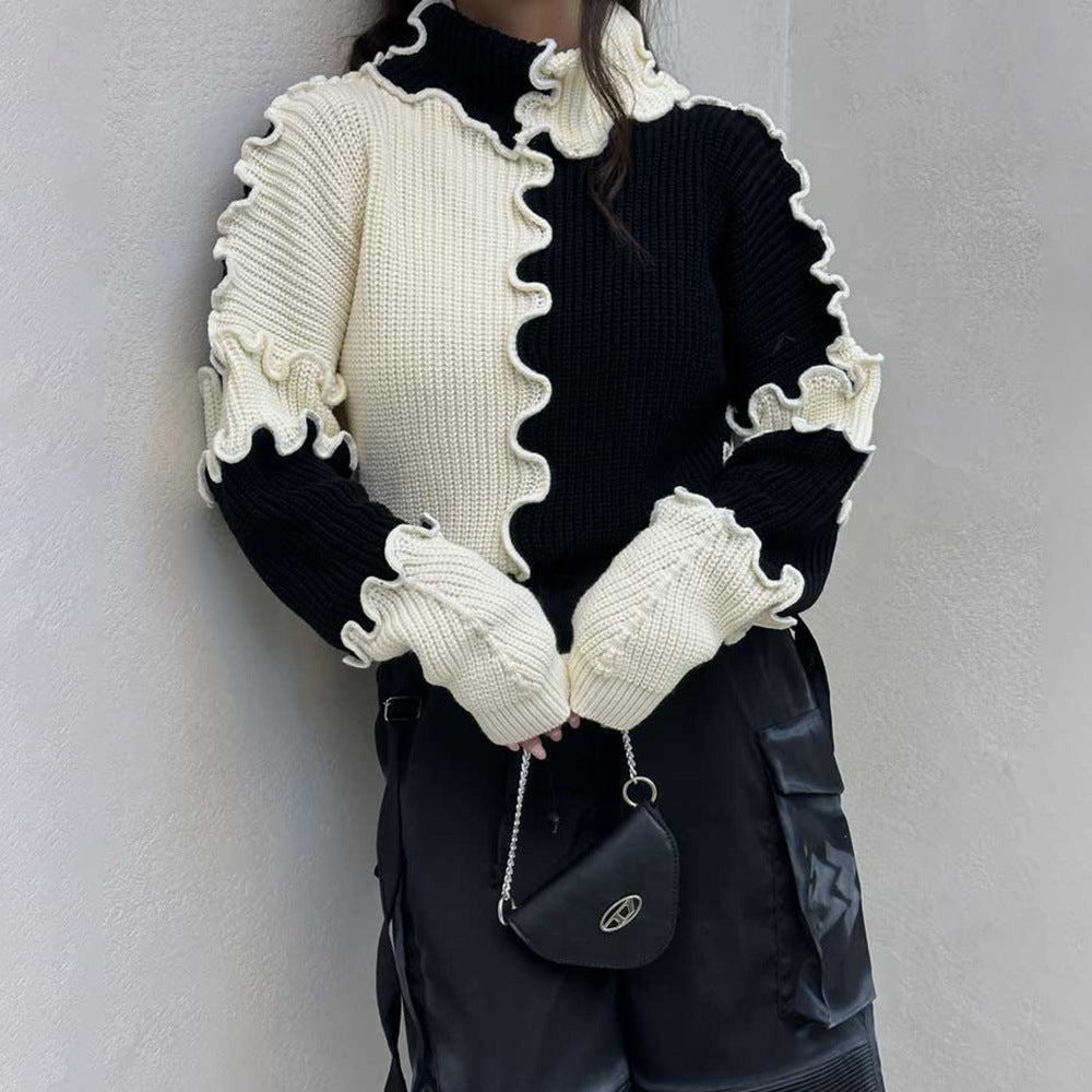 Fashionable Large Color Block Sweater with Stringy Selvedge and Contrast Color Design