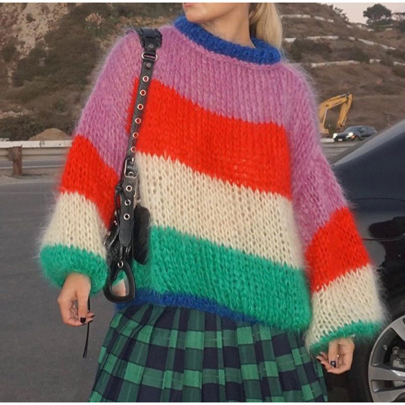 Round Neck Multicolor Lantern Sleeve Sweater for Autumn and Winter