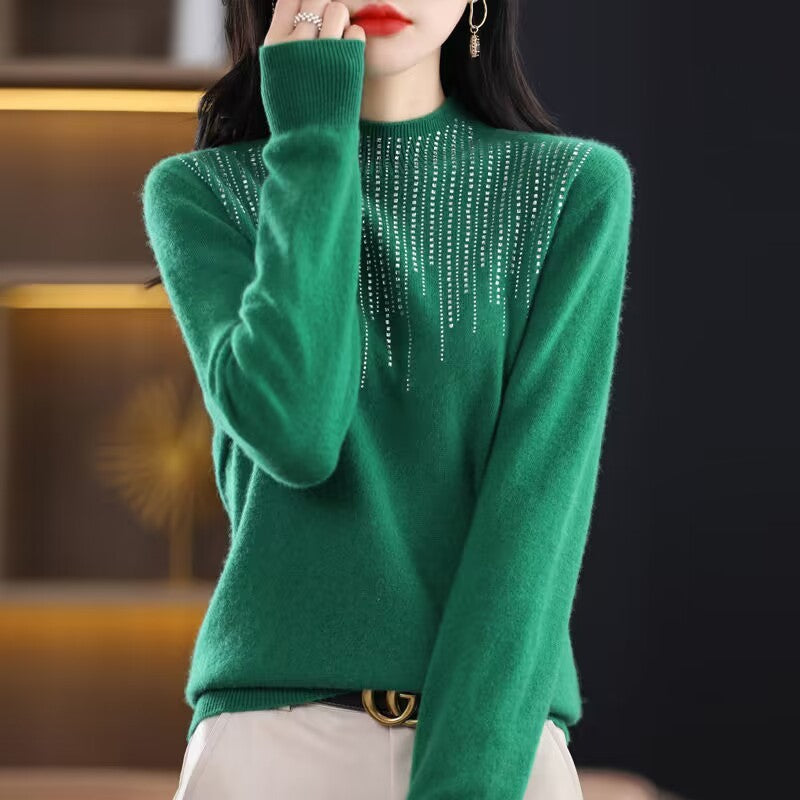 Women's Diamond-Embedded Half-Turtleneck Wool Sweater Pullover