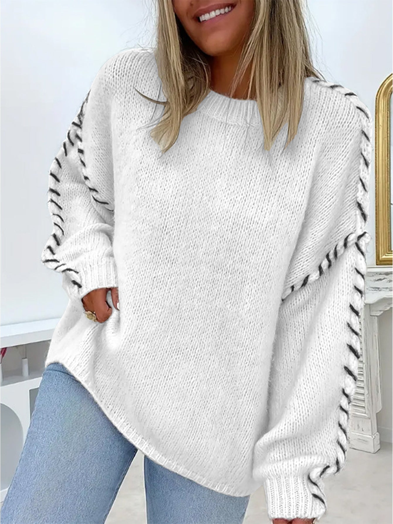 Spring and Autumn Fashion Solid Color Round Neck Loose-Fit Long Sleeve Knitted Sweater