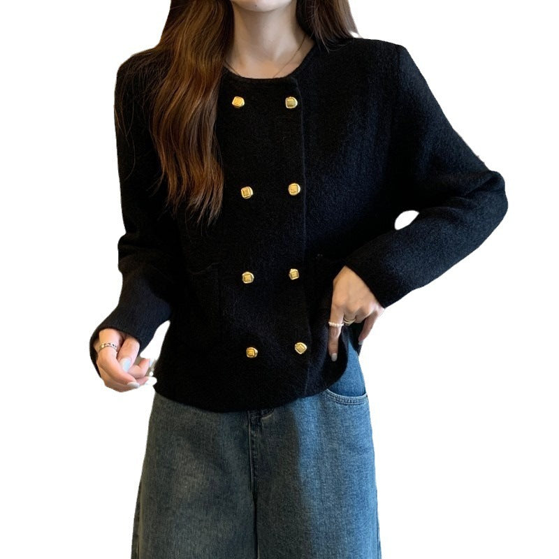 Solid Color Double-Breasted Round Neck Knitted Cardigan for Women