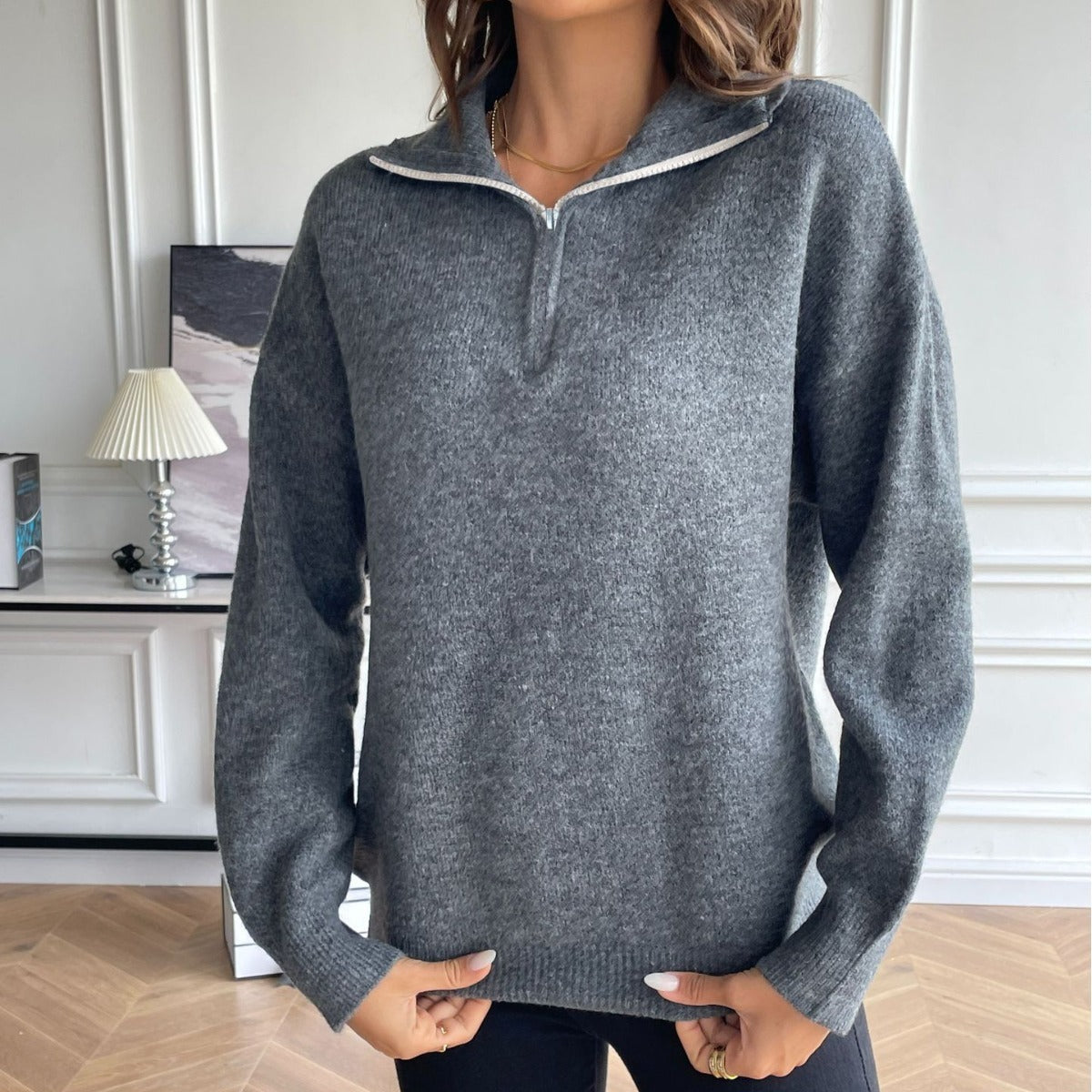 European and American Style Long-Sleeve Knit Top for Women, Solid Color Casual Sweatshirt