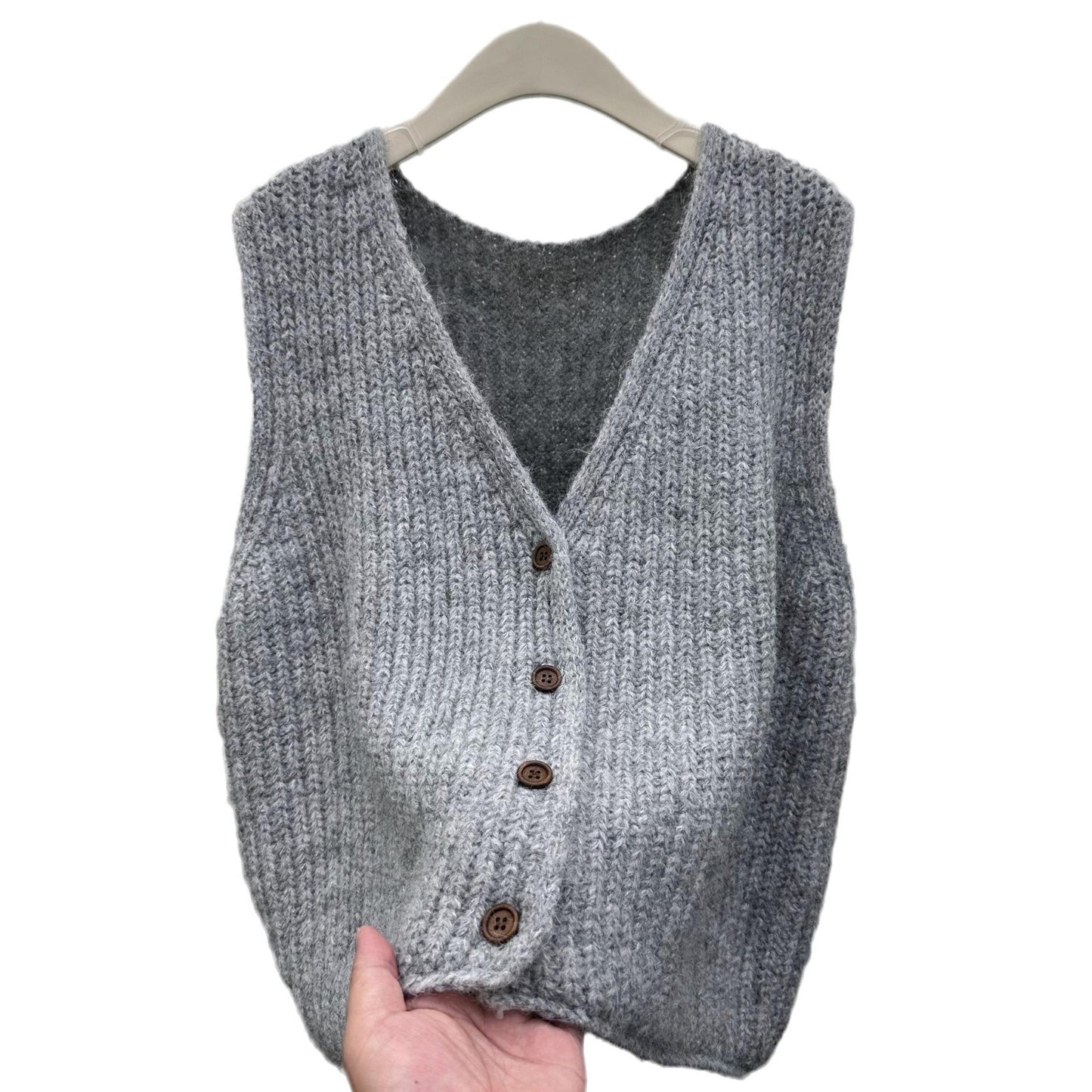 Women's Solid Color Loose-Fit Sleeveless Cardigan Sweater Vest - Versatile Knitted Waistcoat Top