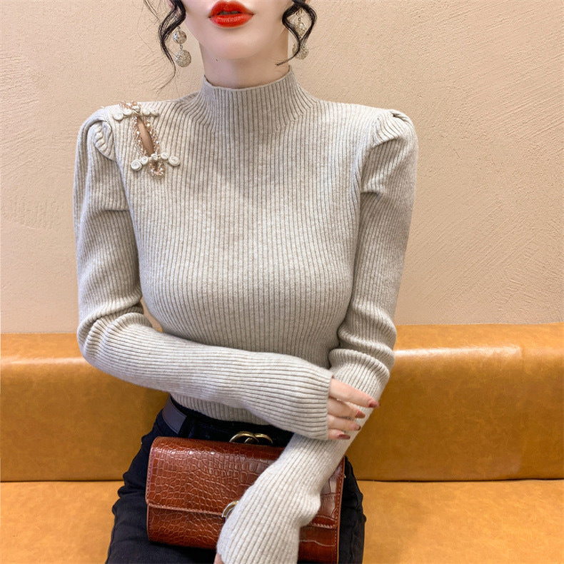 Women's Autumn and Winter National Style Puff Sleeve Half Turtleneck Slim-Fit Sweater