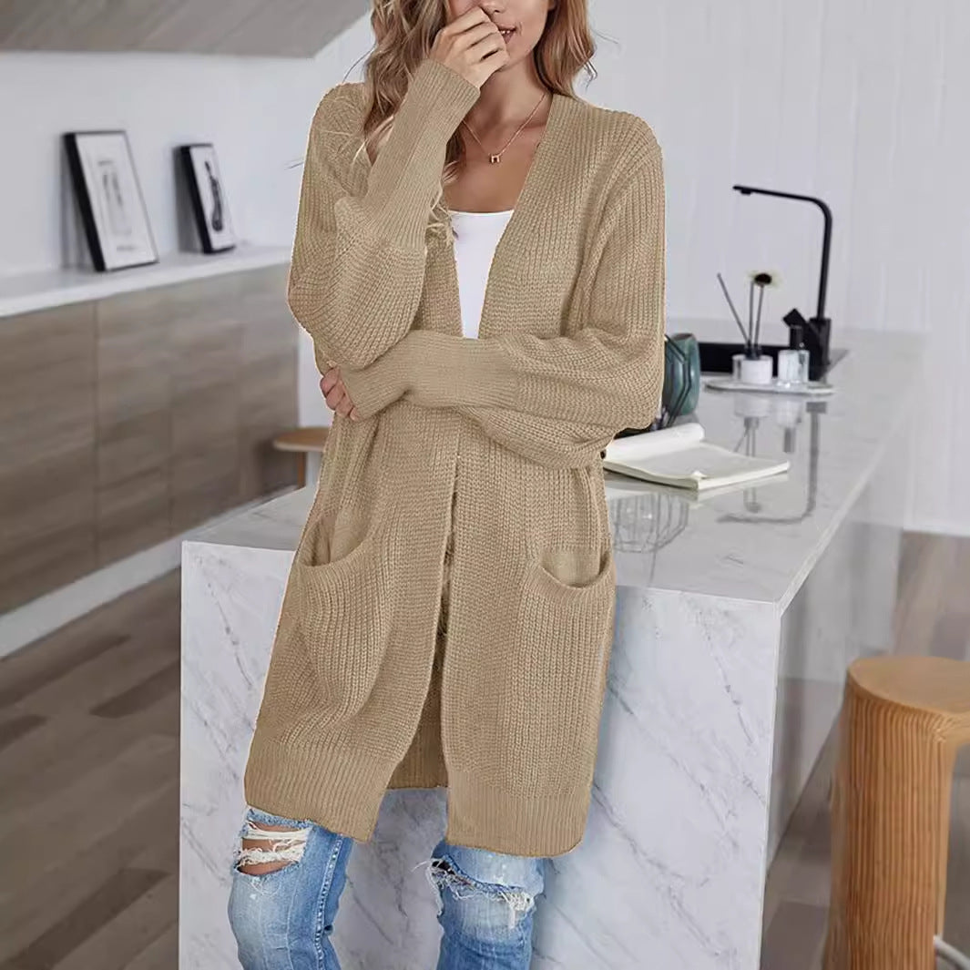 Women's Solid Color Knitted Sweater Cardigan Coat with Pockets