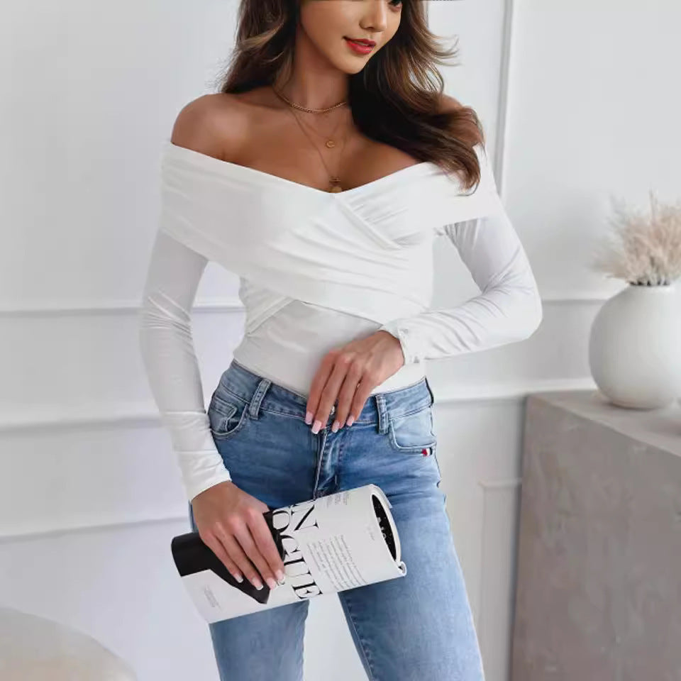 Women's Fashionable Long-Sleeved Off-the-Shoulder T-Shirt