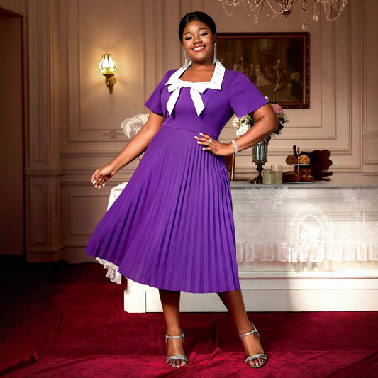 Plus Size Elegant Pleated Bow Square Collar Slimming Dress