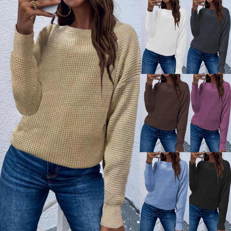 Solid Color Pullover Sweater – Knitted Top for Women, Comfortable and Versatile