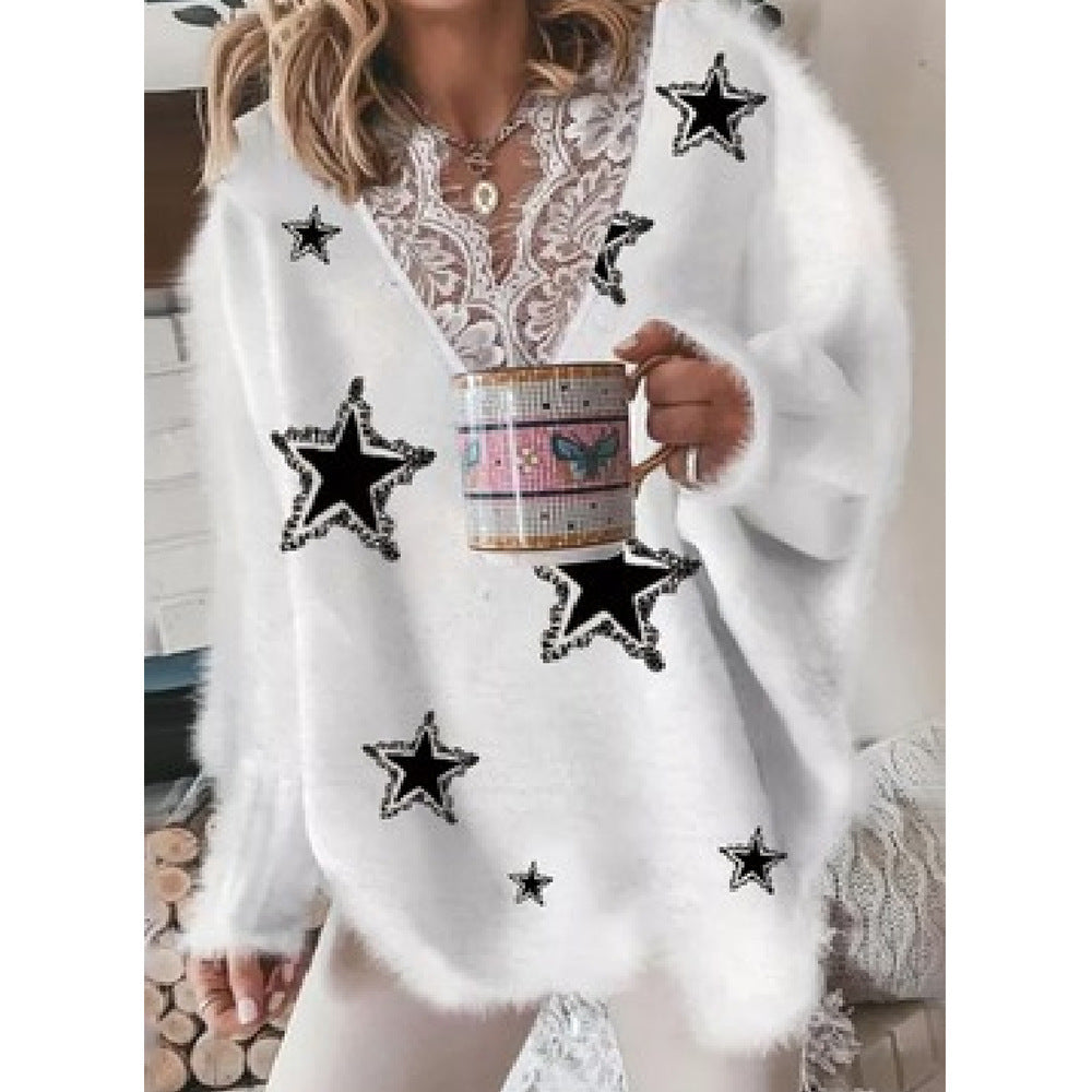 Women's Fashion V-Neck Lace Pentagram Print Knitted Jacket