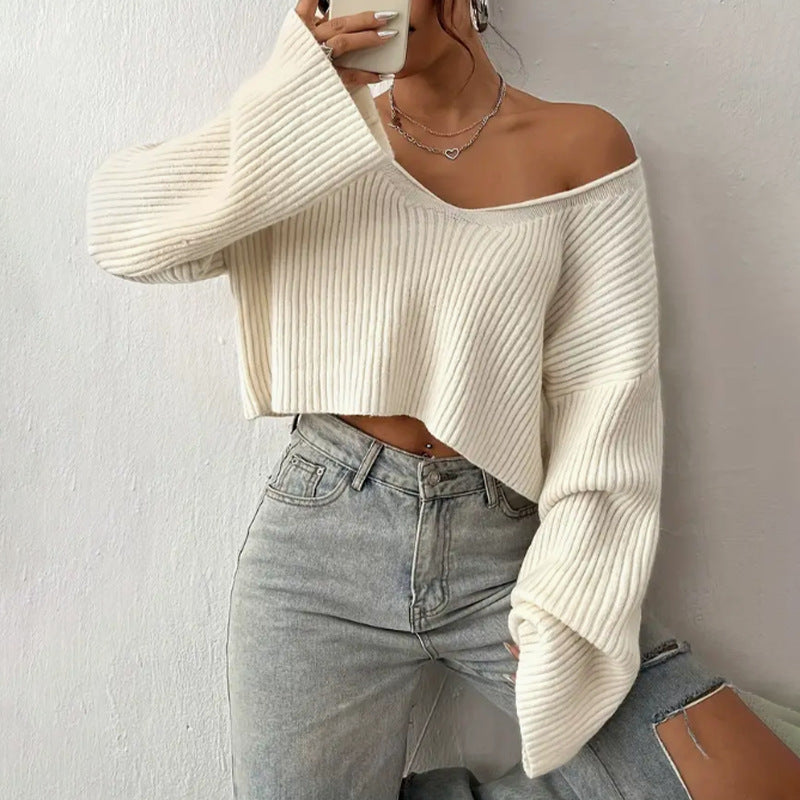 Women's Loose-Fit Midriff-Baring Sweater with Drop Shoulders and Ribbed Knit