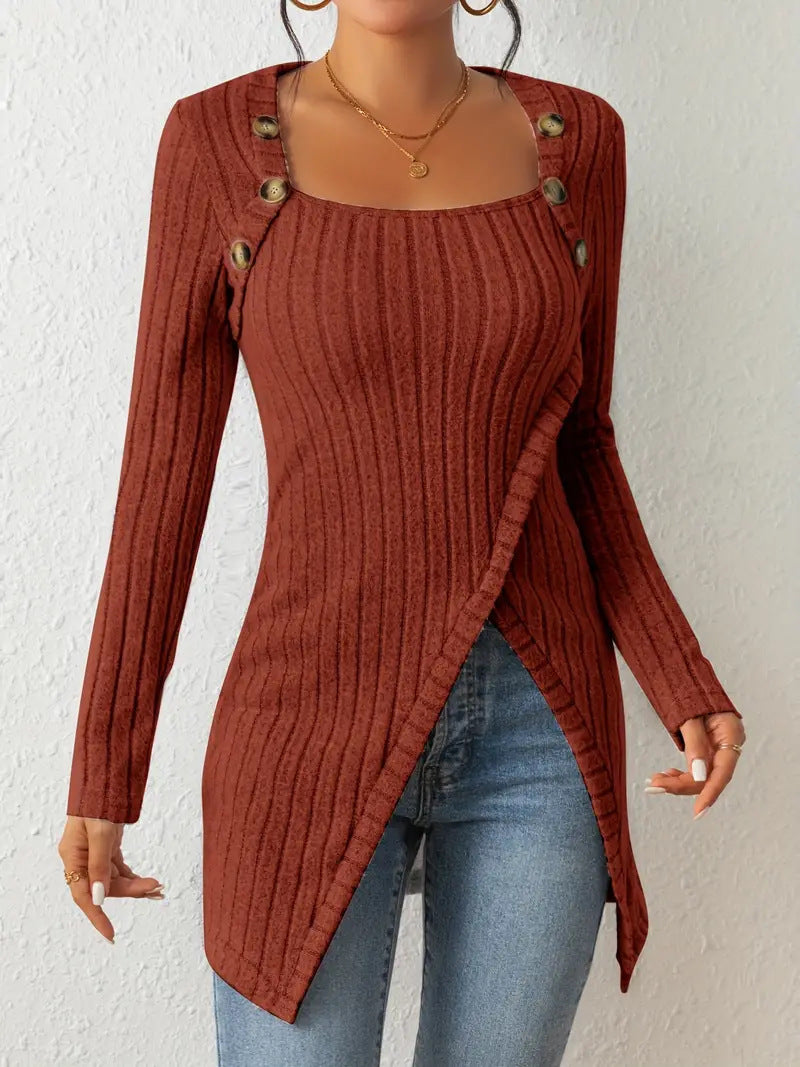 Knitted Irregular T-Shirt Top with Square Collar