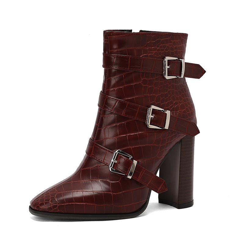 Belted High-Heel Martin Boots with Chunky Soles