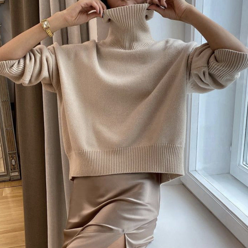 Women's Multicolor Loose Fit Turtleneck Pullover Sweater with Stand Collar