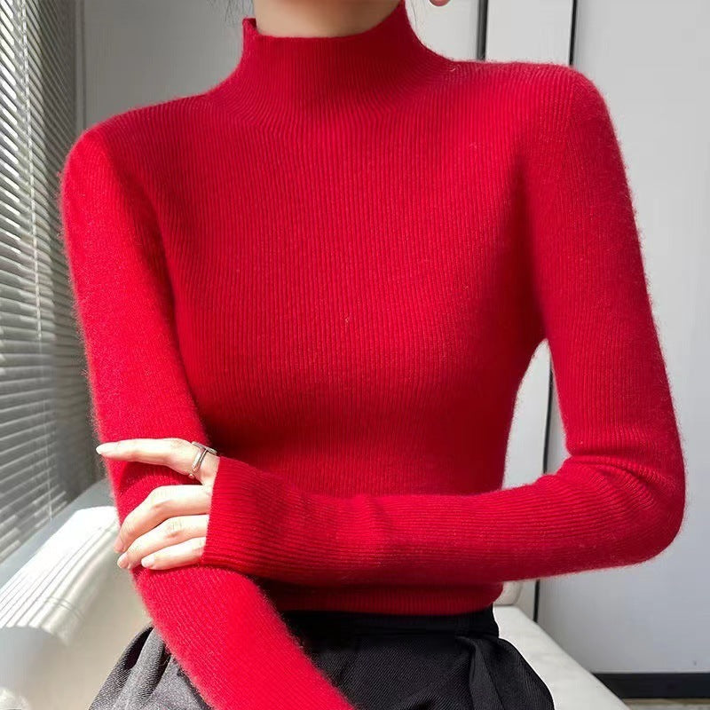 Warm Long Sleeve Knitted Half-Turtleneck Base Shirt for Women