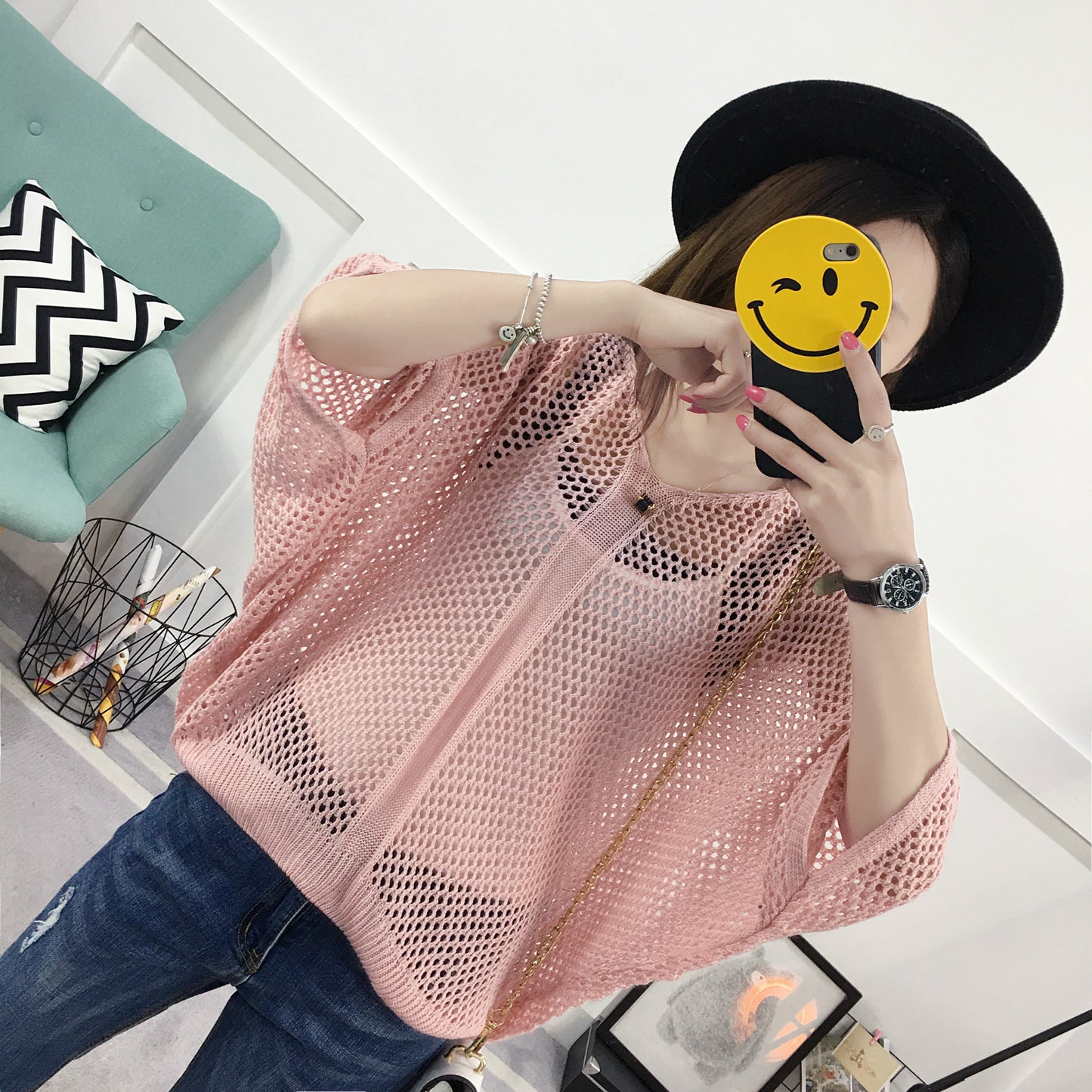 Spring and Summer Loose V-Neck Hollow Knit Sweater