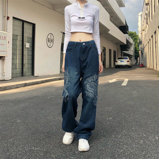 Embroidered Versatile Loose Slim Wide-leg Straight-leg Pants