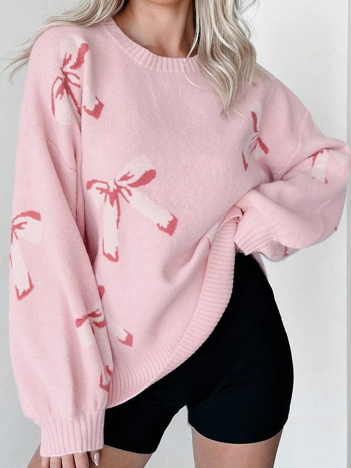 Bow-Detail Jacquard Loose-Fit Lazy Pullover Sweater