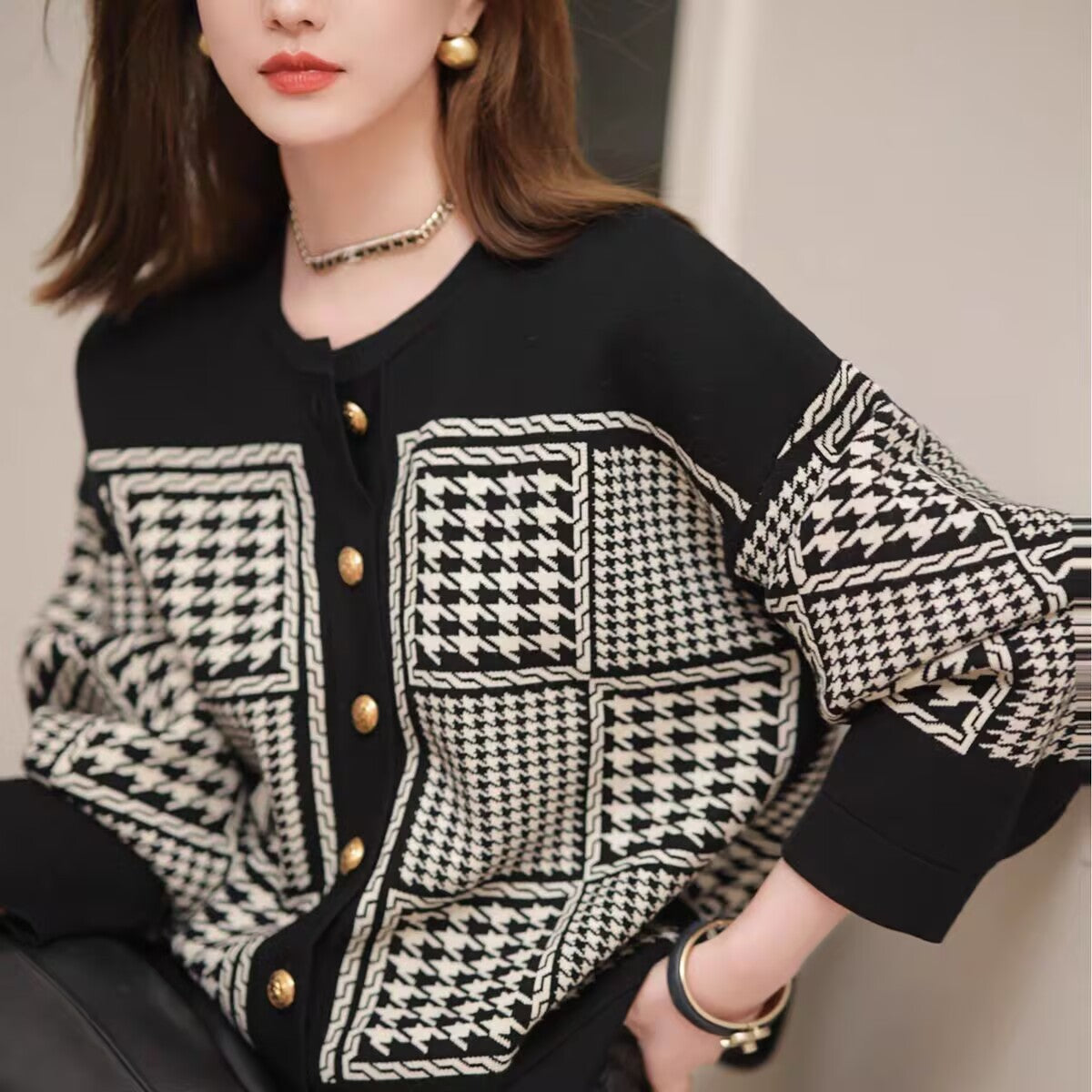 Plus Size Retro Houndstooth Knit Sweater for Women