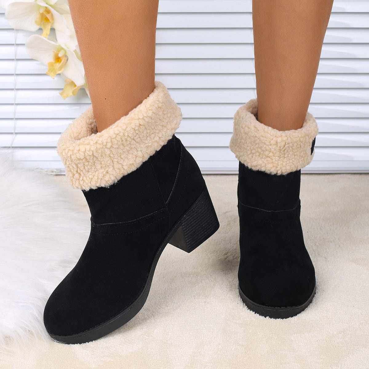 Women's New Foldable Leopard Print Mid-Calf Boots – Winter Warm Fleece with Thick Square Heels