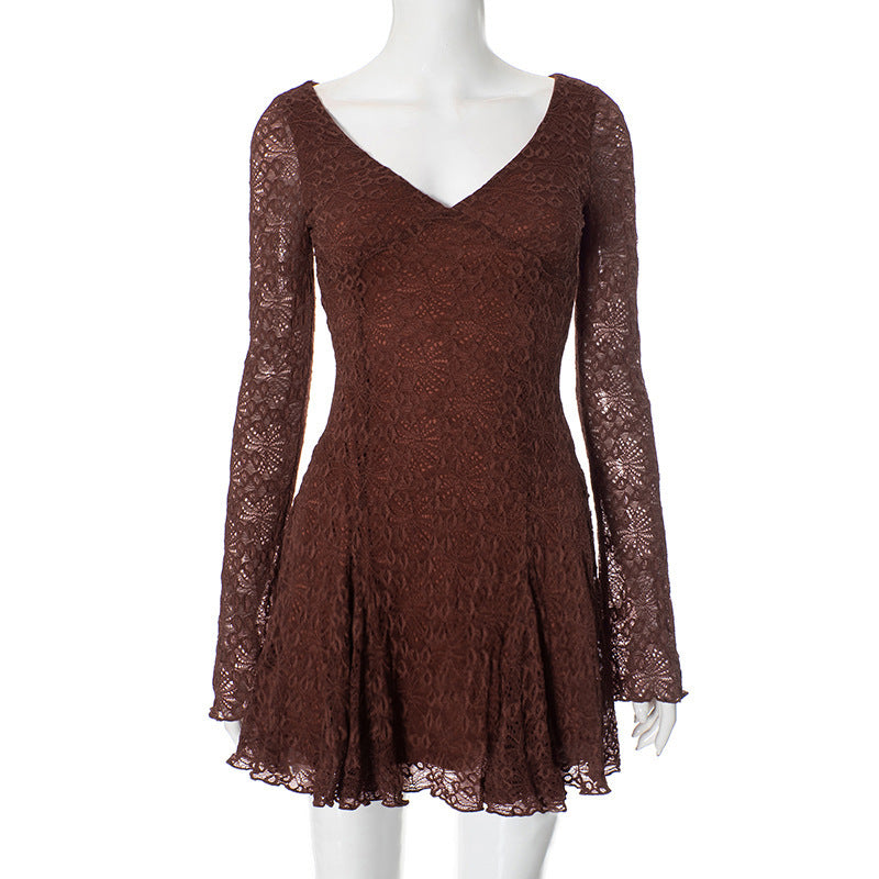 Lace-Trimmed V-Neck Long Sleeve Slim Fit Dress