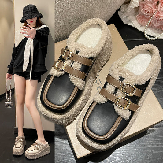 Fashionable Korean Style Belt Buckle Fleece-Lined Wedge Slippers for Outer Wear