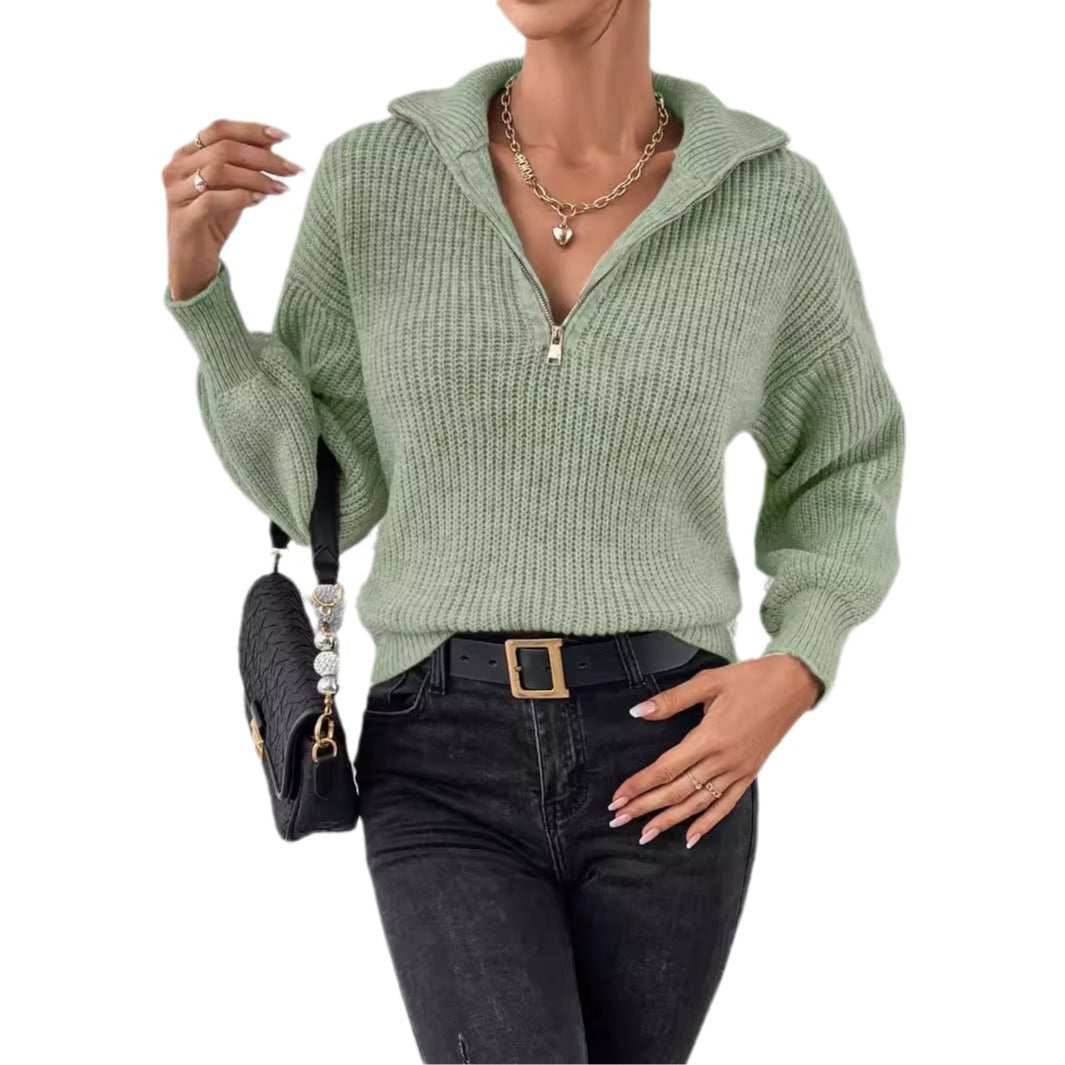 Women's Solid Color Zipper Pullover Loose-Fit Casual Long Sleeve Sweater