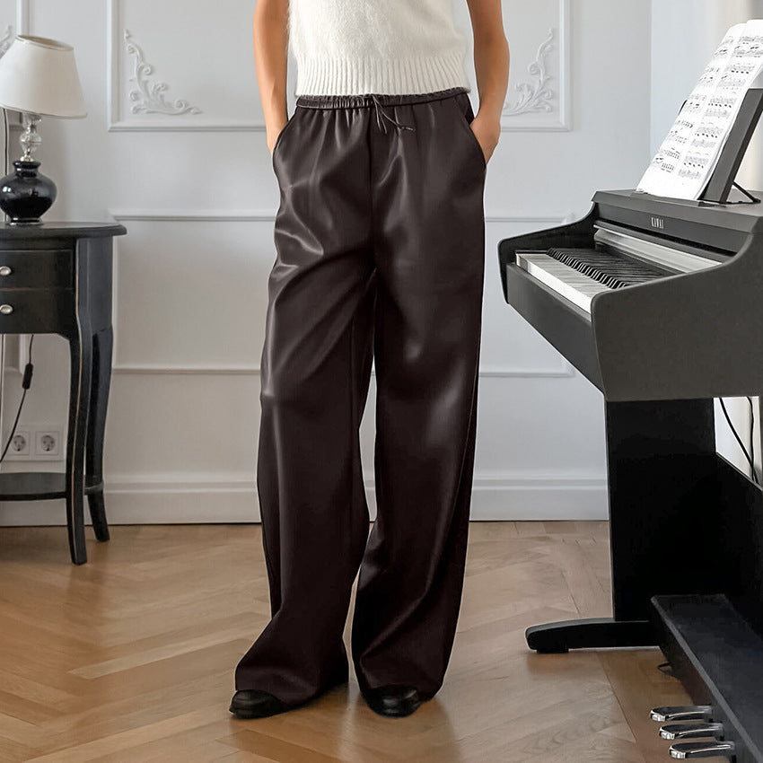 Casual High-Waisted Leather Trousers