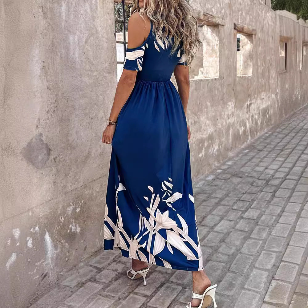 Fashionable Shoulder-Baring Printed Long Dress with Waist Control