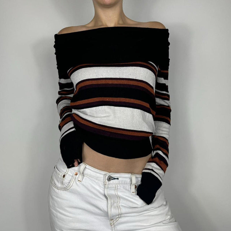 American-Style Casual Off-Shoulder Sweater with Contrast Color Stripes