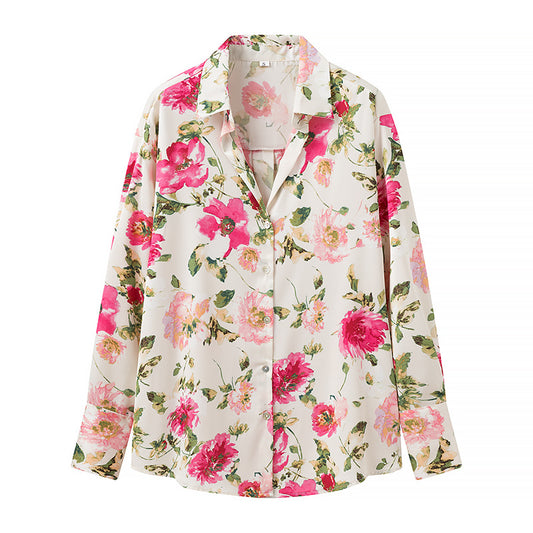 Women's Casual Vacation Style Loose Floral Print Silk Texture Shirt
