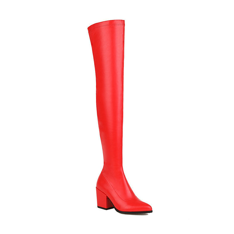 Over-the-Knee Korean Style Slimming High Leg Boots – Thick Chunky Heel, Pointed Toe, Elastic Fit