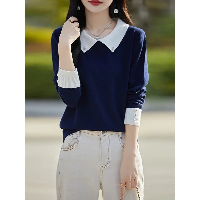 French-Inspired Contrast Color Lapel Bottoming Sweater for Women – Stylish and Trendy