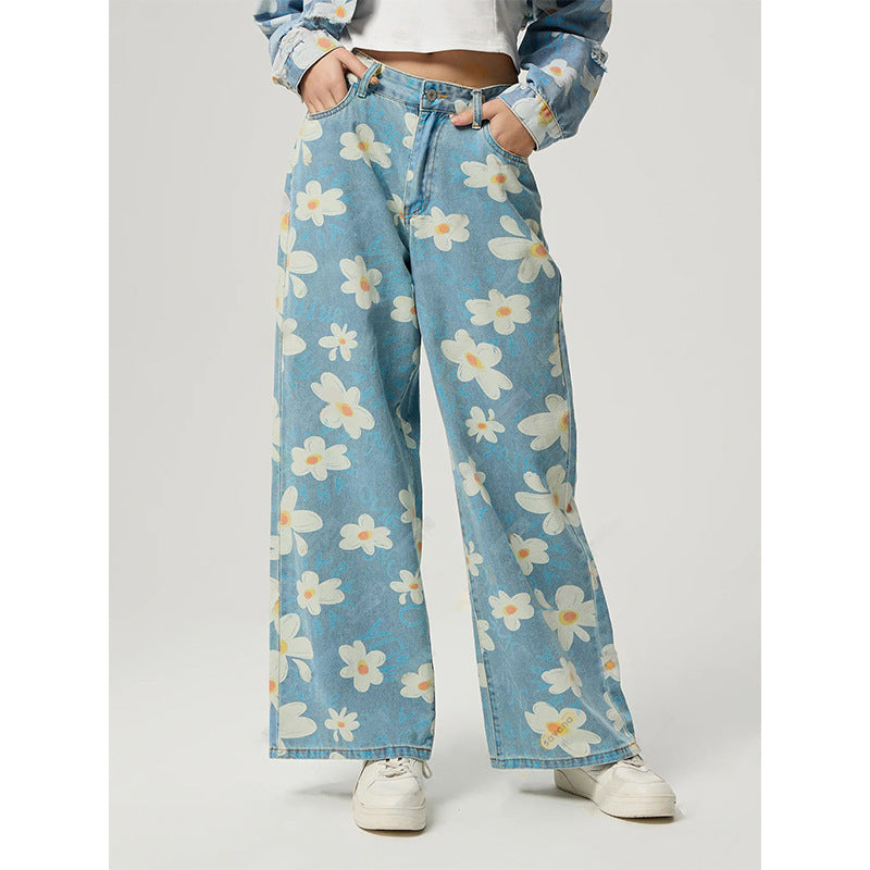 Vintage Floral Print Straight-leg Jeans