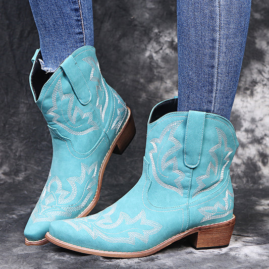 Pointed Embroidered Chunky Heel Leather Boots for Women