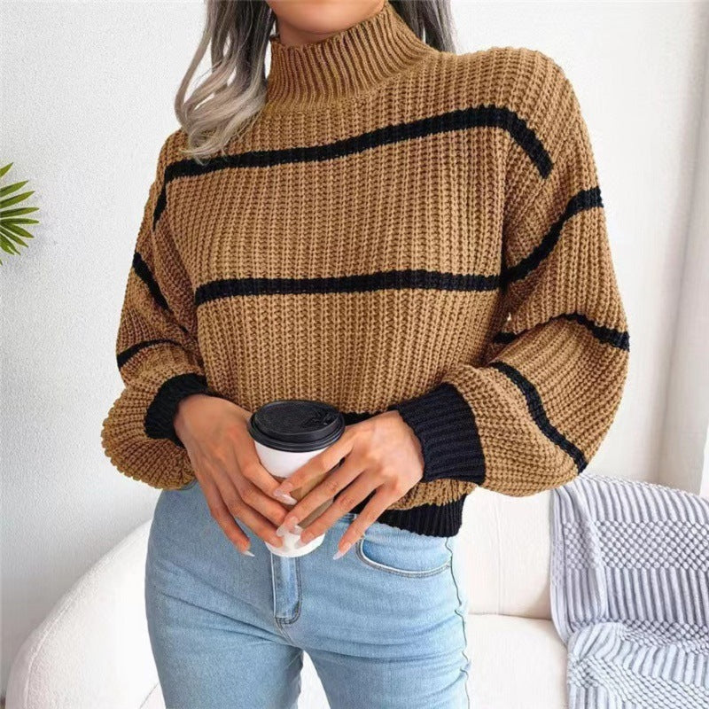 New Contrast Color Striped Half Turtleneck Pullover Sweater