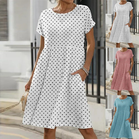 Summer Short Sleeve Round Neck Pocket Polka Dot Print Dress