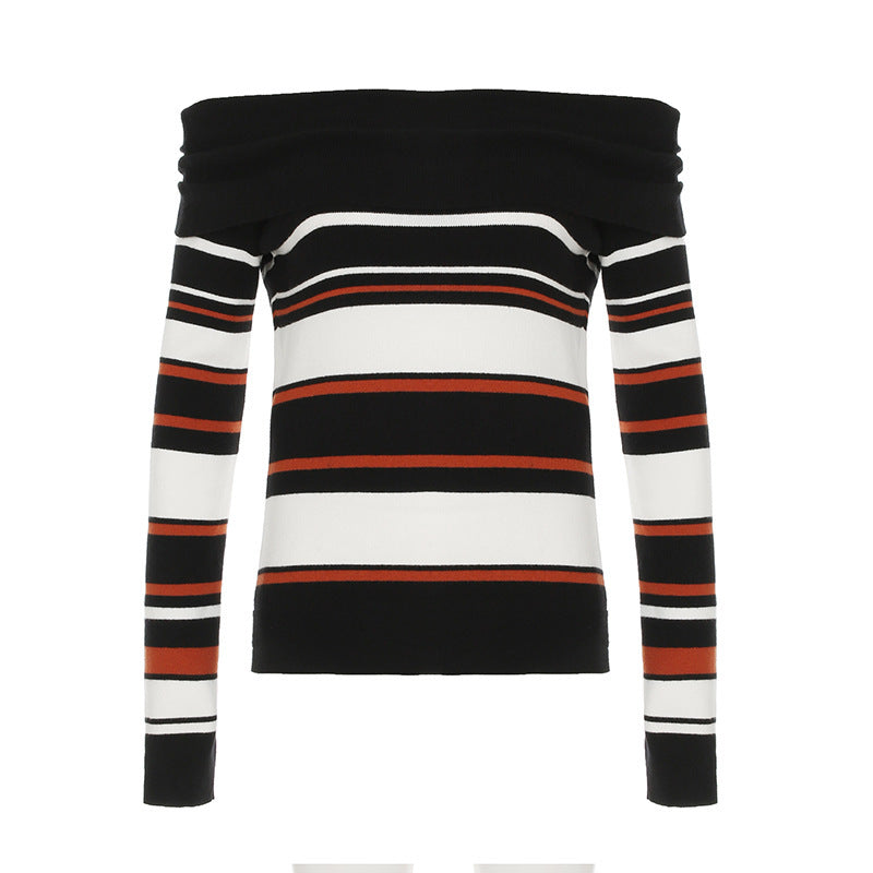 American-Style Casual Off-Shoulder Sweater with Contrast Color Stripes