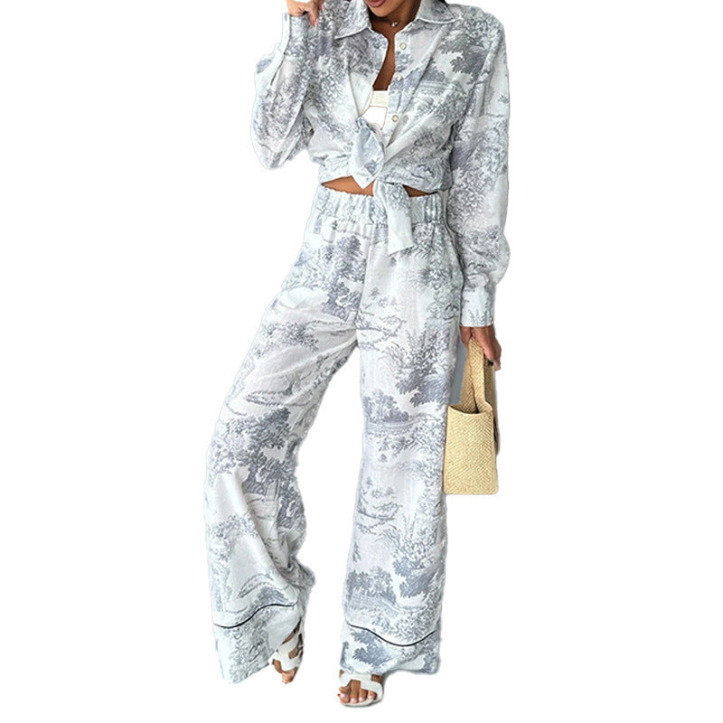 Women's Printed Shirt with Long Sleeves and Wide-Leg Pants Set