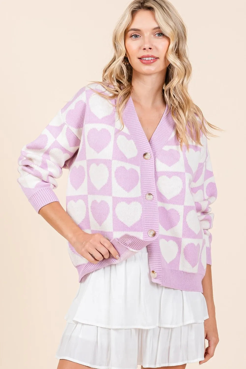 Mittoshop Checkered Heart Button-Down Cardigan for Women