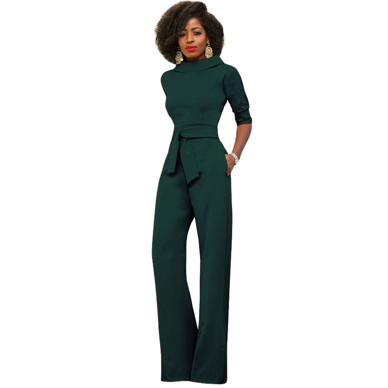 Women's Solid Color Five-Quarter Sleeve High-Waist Wide-Leg Jumpsuit