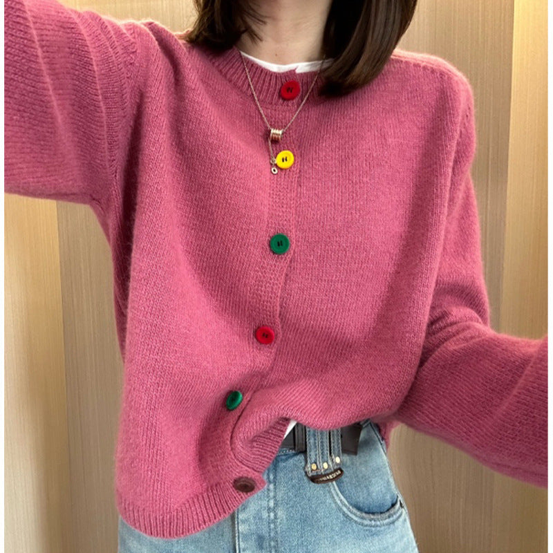 Korean-Style Age-Reducing Rainbow Single-Breasted Round Neck Sweater