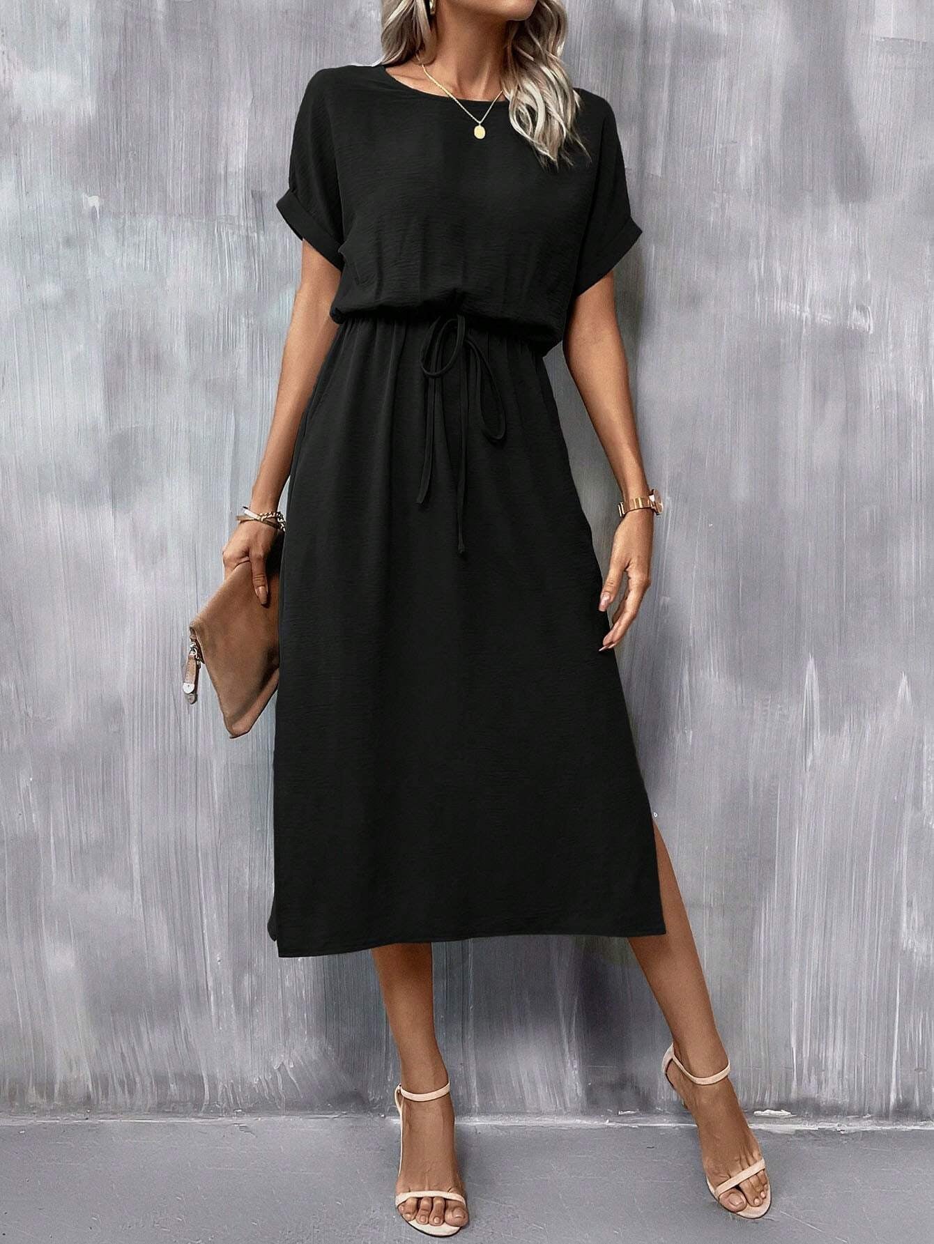 Classy Batwing Sleeve Dress with Knot Front and Thigh-High Split Design