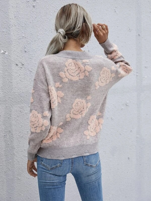 New Autumn and Winter Loose-Fitting Rose Women's Pullover Sweater