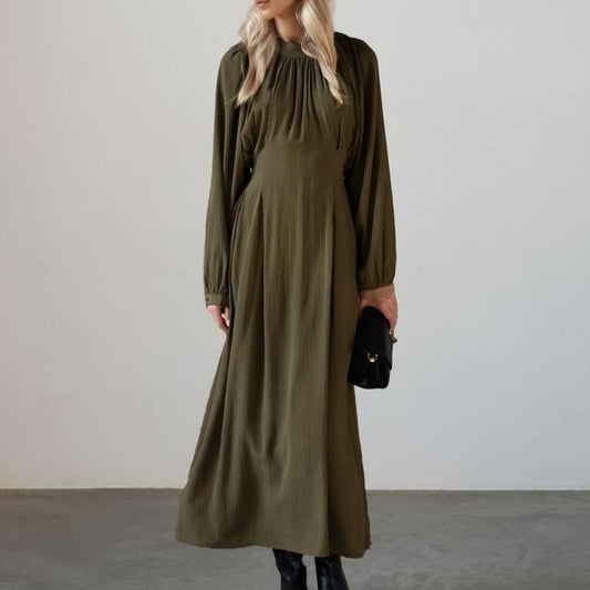 Loose Pleated Long Sleeve Round Neck Dress with Waist Trimming and Lace-Up Detail