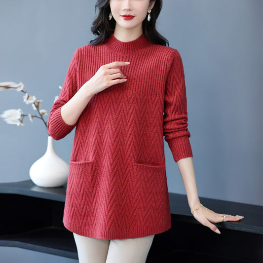 Women's Winter Loose-Fit Half Turtleneck Knitted Woolen Sweater Skirt